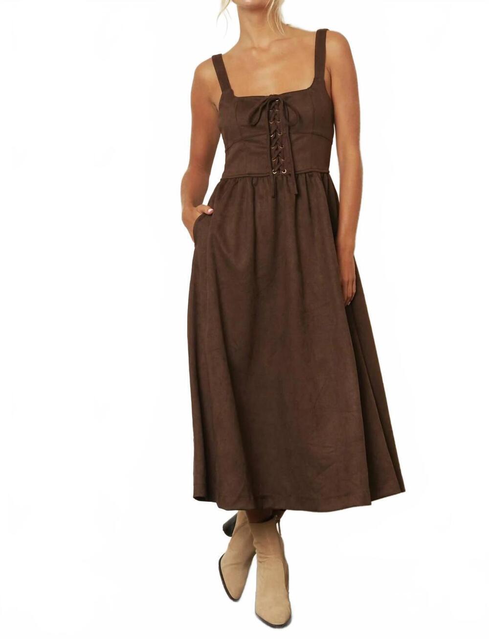 NEW BLU PEPPER picture perfect lace up midi dress in brown